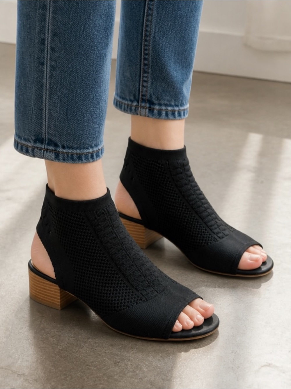 Steve Madden Black Knit Open-Toe Block Heel Mules